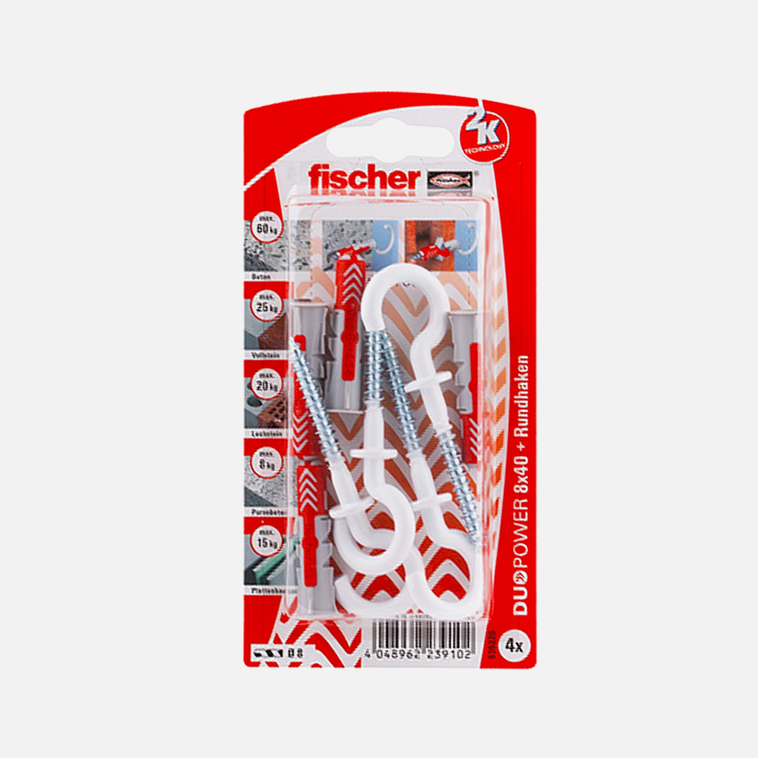 4 FISCHER DUOPOWER Nylon-Dübel - 8x40 mm - mit Rundhaken, nylonbeschichtet