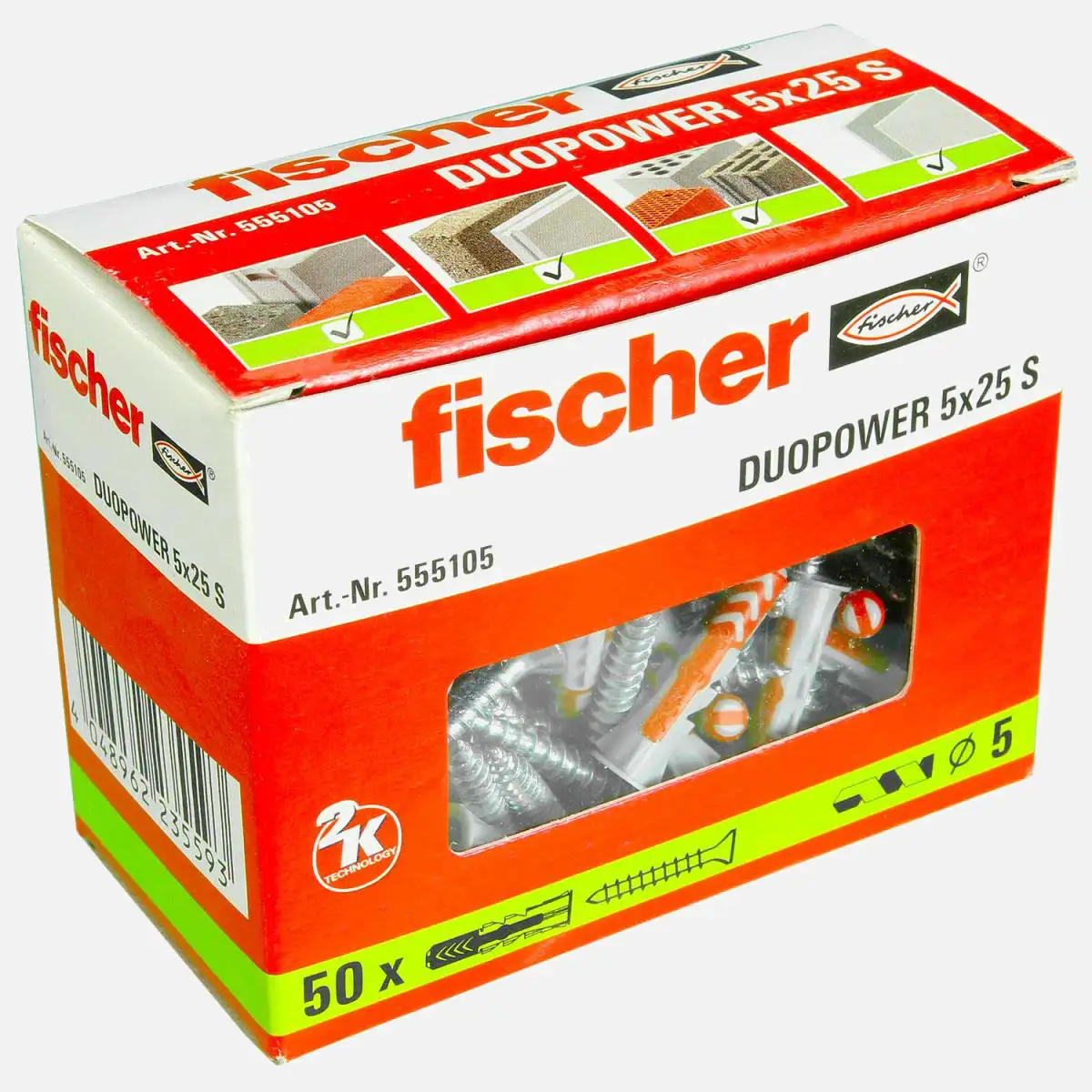 50 FISCHER DUOPOWER Nylon-Dübel - 5x25 mm - mit Senkkopfschrauben