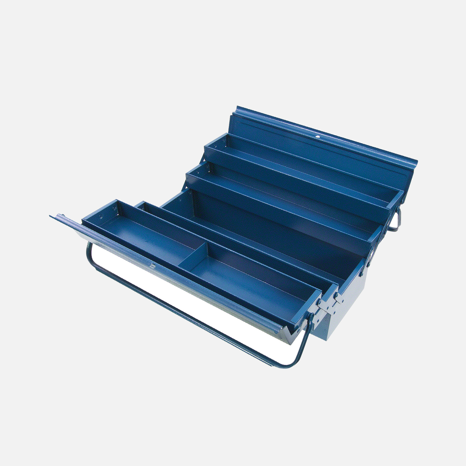 1 Allit Premium Metall-Werkzeugkasten, Werkzeugkoffer mit 4 ausziehbaren Fächern und einem großen Mittelfach in blau verschließbar