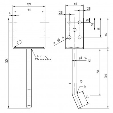 1 Alberts U-Pfostenträger feuerverzinkt mit 200mm gebogener Dolle für 100mm