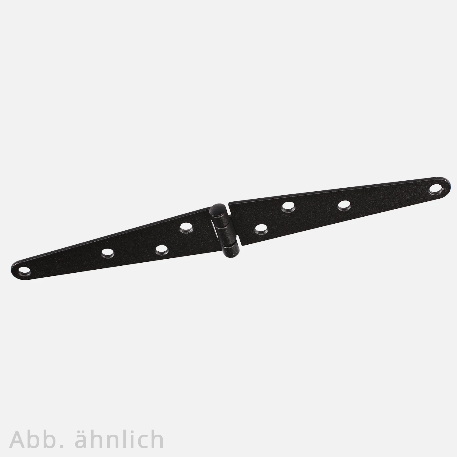 1 Schwanzscharnier ein längliches, spitz zulaufendes Scharnier in schwarz 150x38x2 mm