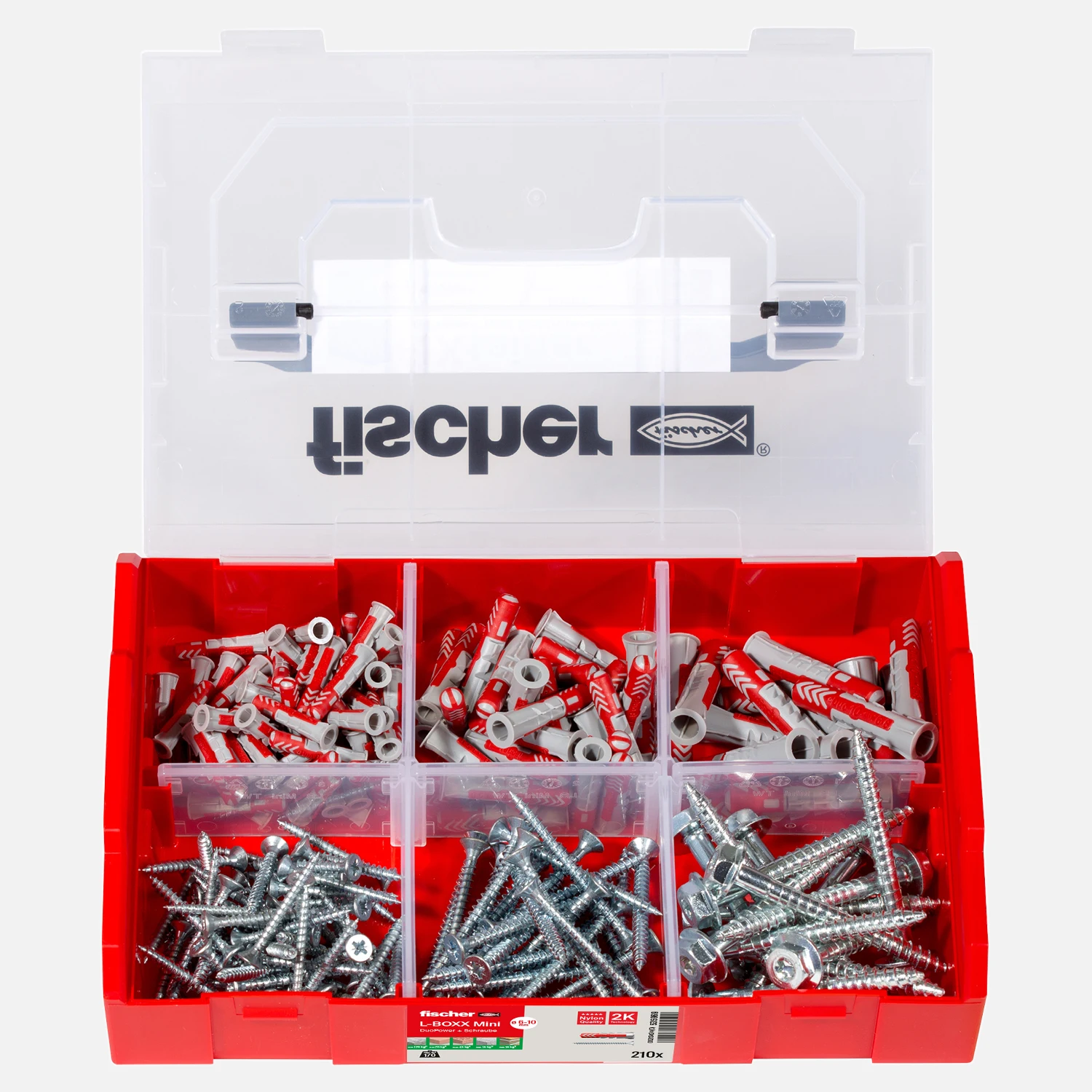 210 tlg. FISCHER L-BOXX mini DuoPower + Schraube, Nylon-Dübel + Schrauben 6/8/10 mm