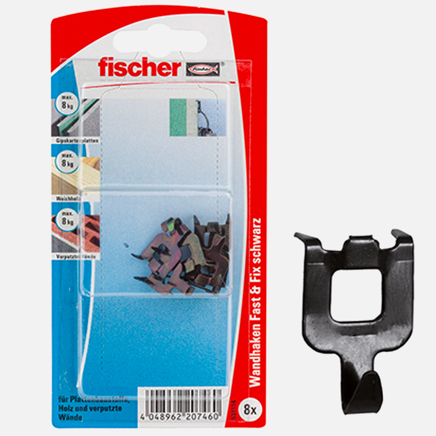 8 FISCHER Wandhaken Fast & Fix - werkzeuglose Montage, 16k g tragfähig, schwarz