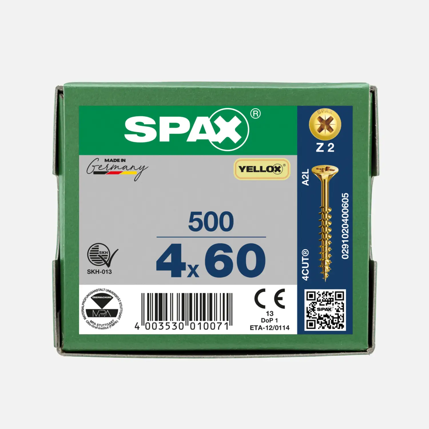 500 SPAX Universalschrauben 4x60mm, gelb verzinkt, PZ, Senkkopf, Teilgewinde