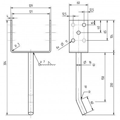 1 Alberts U-Pfostenträger feuerverzinkt mit 200mm gebogener Dolle für 120mm