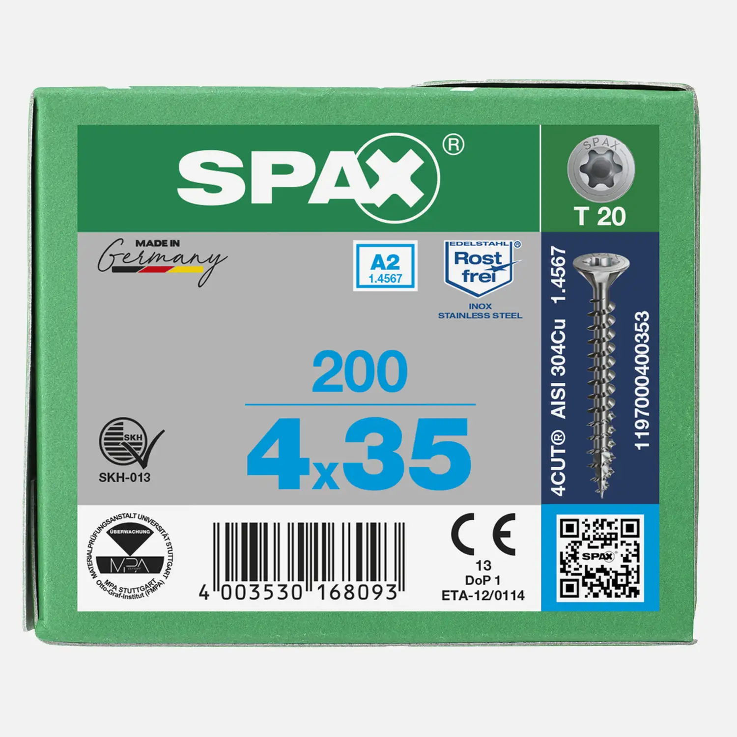 200 SPAX Universalschrauben A2 Senkkopf Vollgewinde Torx 4x35