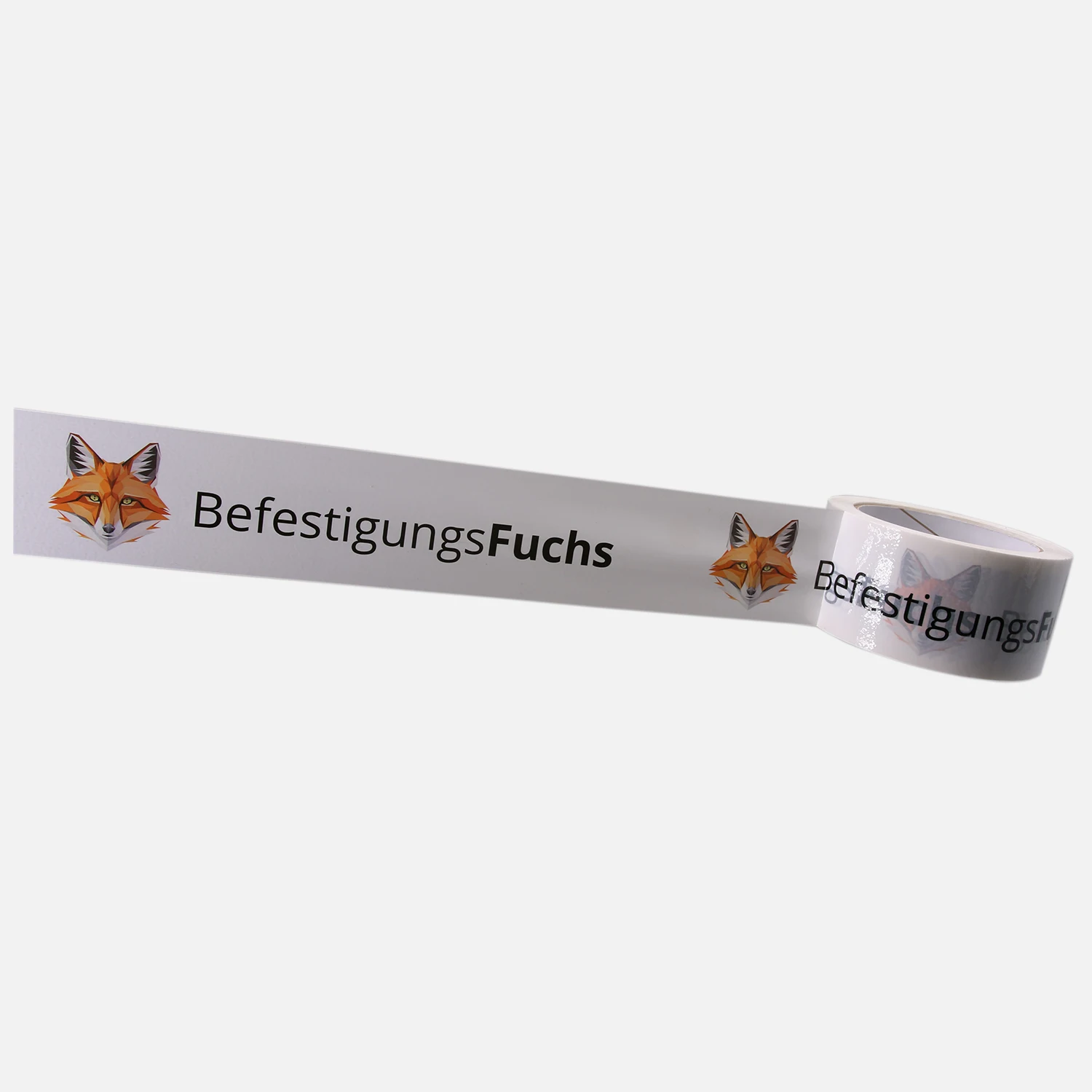 1 Rolle Packband, Bedrucktes Klebeband (PP) – CMYK Druck, leise abrollend, 50mm × 66m mit BefestigungsFuchs Logo