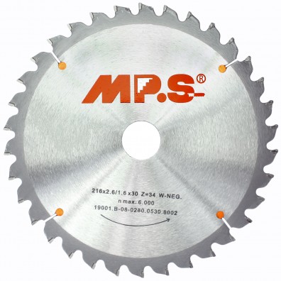 1 MPS HM bestücktes Handkreissägeblatt,negativ Zahn,34 Zähne, 216x2,6x30mm