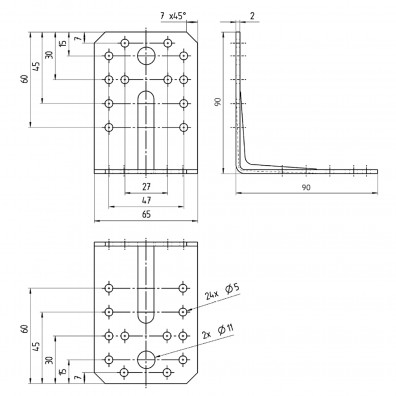 1 Alberts Winkel mit Rippe 90x90x65x2 Edelstahl gleichschenklig