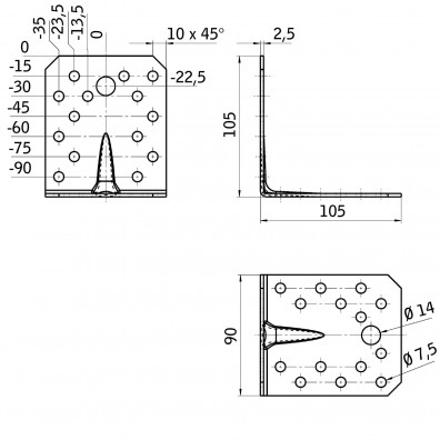 1 Alberts Winkel mit Rippe 105x105x90x2,5 Edelstahl gleichschenklig