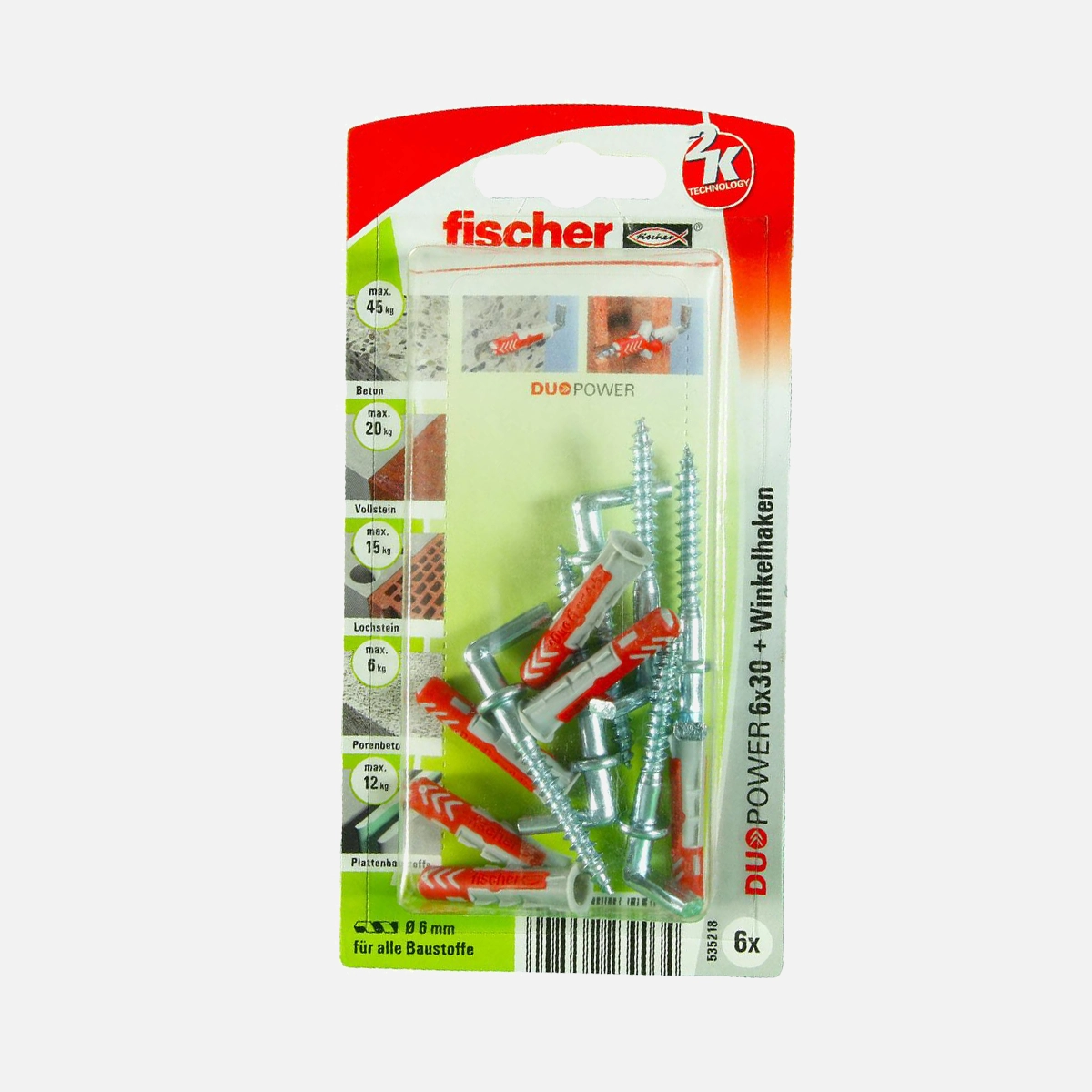 6 FISCHER DUOPOWER Nylon-Dübel - 6x30 mm - mit Winkelhaken
