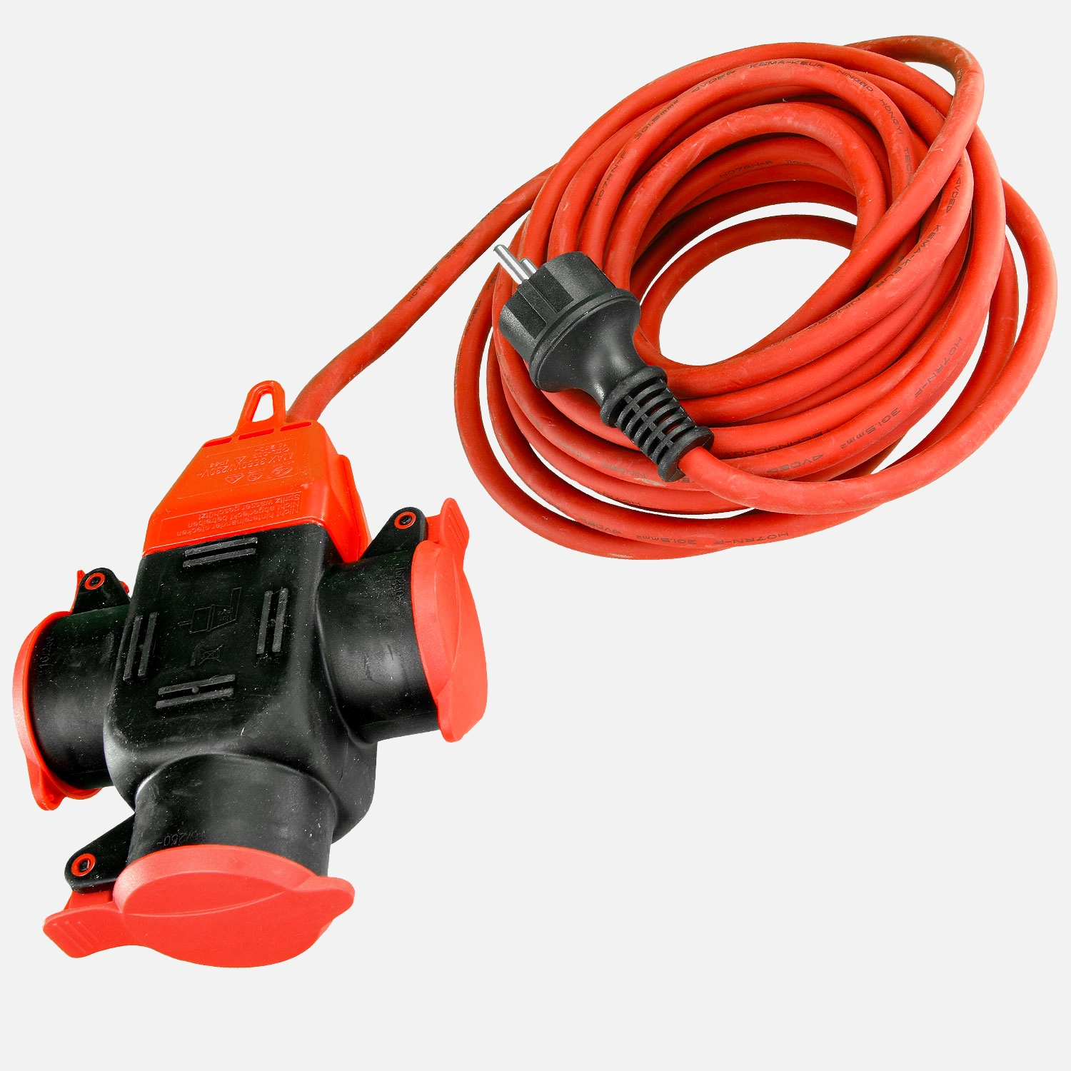 1 Verlängerungskabel,3-fach,Gummikabel Schuko, IP44, 10 m, rot, H07RN-F 3G1,5