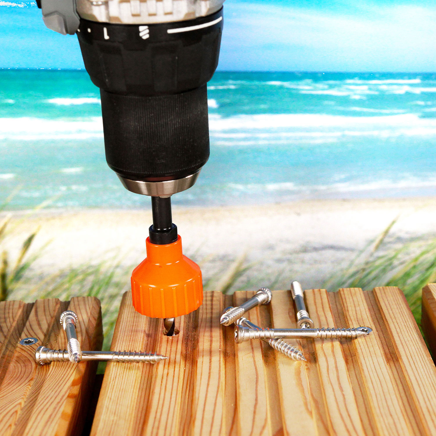 Anwendung Eurotec Bohrsenker Drill-Stop auf Strandterrasse