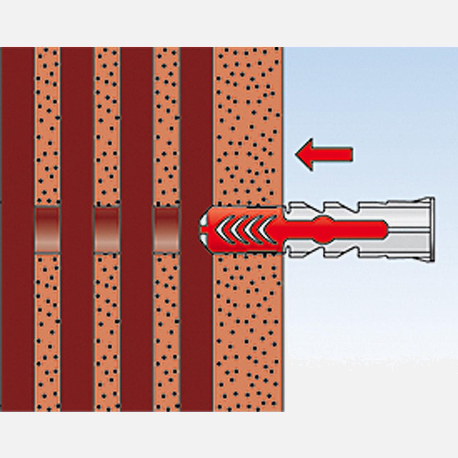 fischer Duopower Dübel rot-grau Montage in Lochbaustoffen Schritt 2