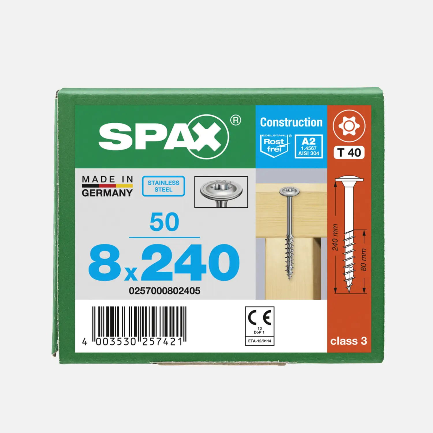 50 SPAX Solarbauschrauben A2 8x240 Tellerkopf T-Star