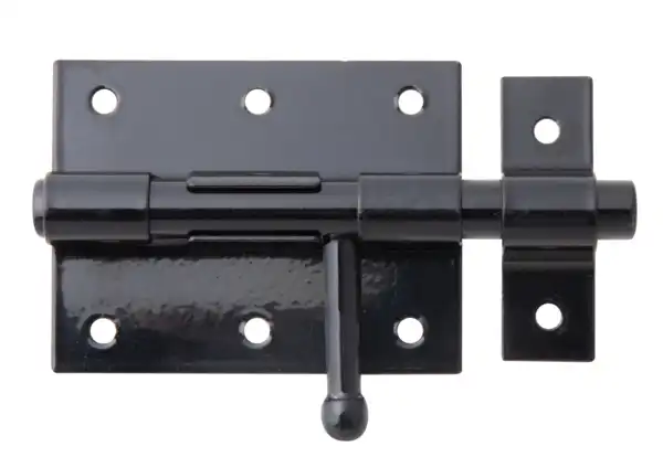 1 Bolzenriegel mit rundem Griff, 63x80 mm, Ausschub 35 mm, mittige Anordnung, galvanisch verzinkt – kunststoffbeschichtet schwarz , mit Schlaufe