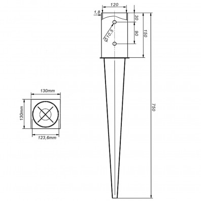 1 Einschlagbodenhülse, feuerverzinkt, für runde Pfosten mit 120 mm Ø, Länge 750 mm