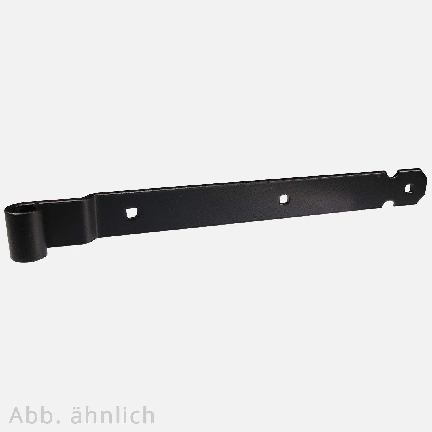 1 Ladenband/Scharnier mit flacher Biegung mit Vierkant in schwarz für Kloben mit 16mm Durchmesser 600x45x6 mm