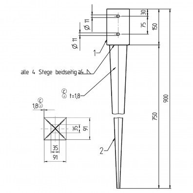1 Alberts Einschlagbodenhülse für 90mm Pfosten Tiefe 900mm
