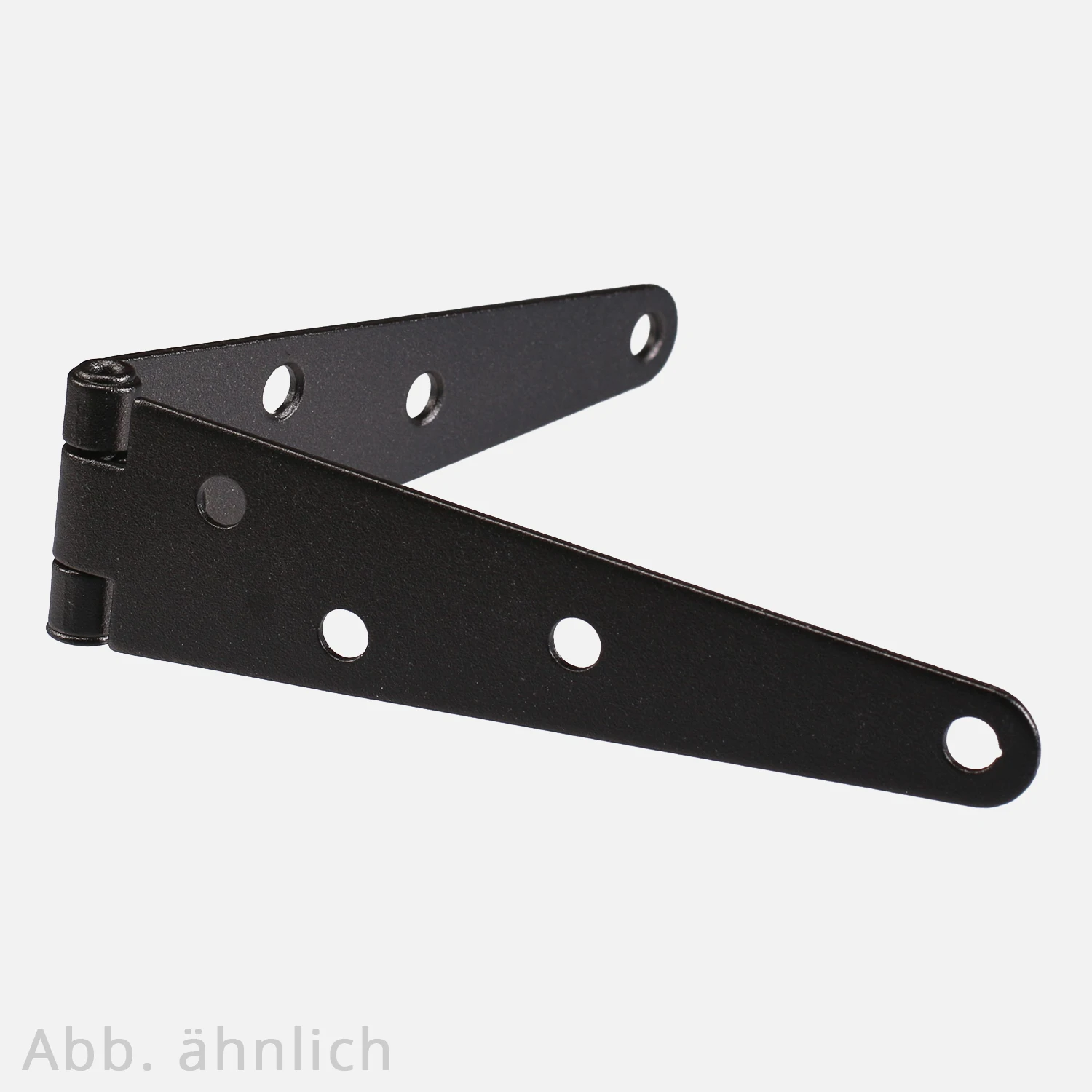 1 Schwanzscharnier ein längliches, spitz zulaufendes Scharnier in schwarz 150x38x2 mm