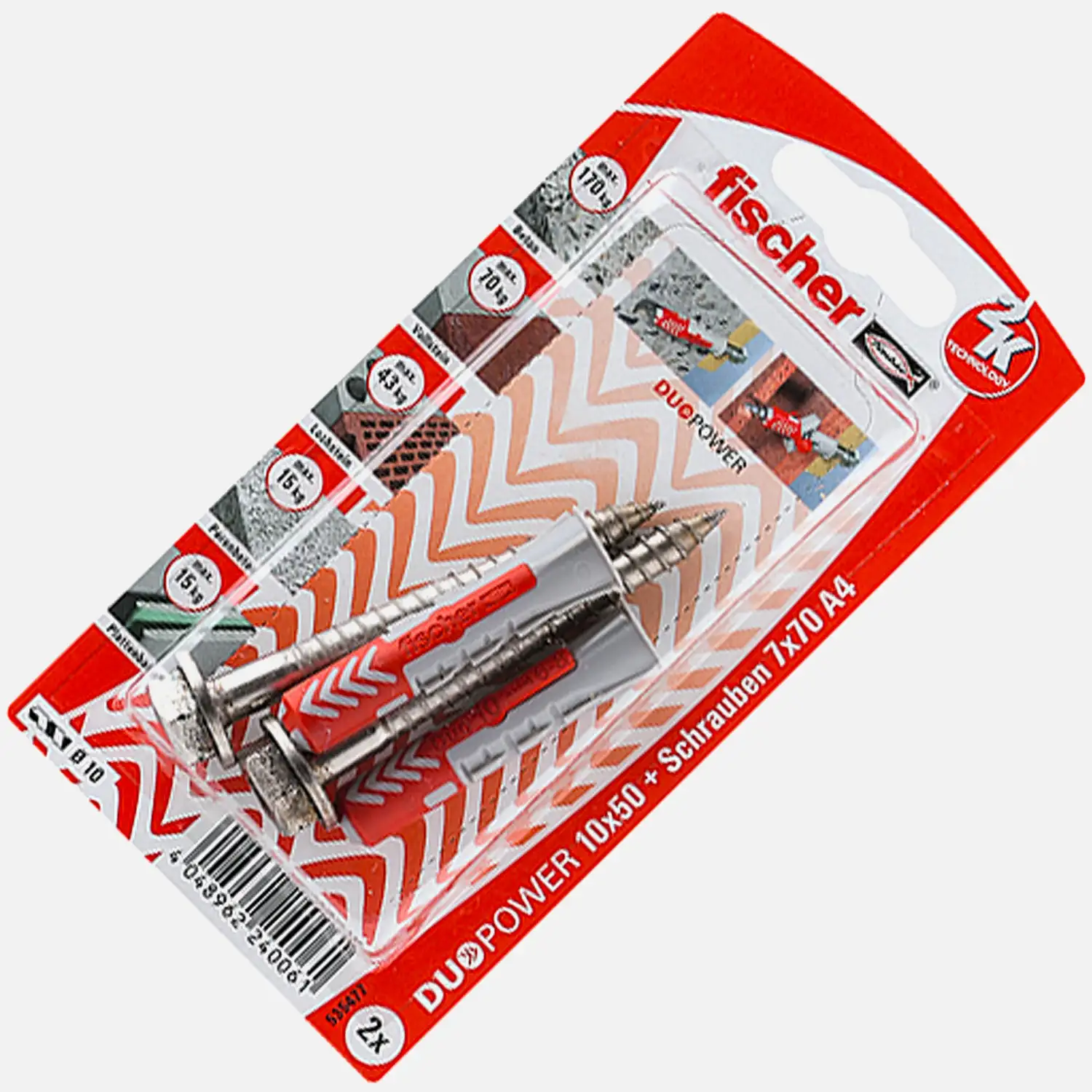 2 FISCHER DUOPOWER Nylon-Dübel - 10x50 mm - mit Sechskantschrauben A4