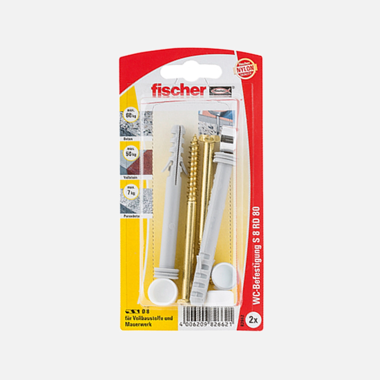 8 tlg. FISCHER WC-Befestigung mit Spreizdübel S8 RD 80, Schrauben 6x85 mm DIN 571 und Abdeckkappen